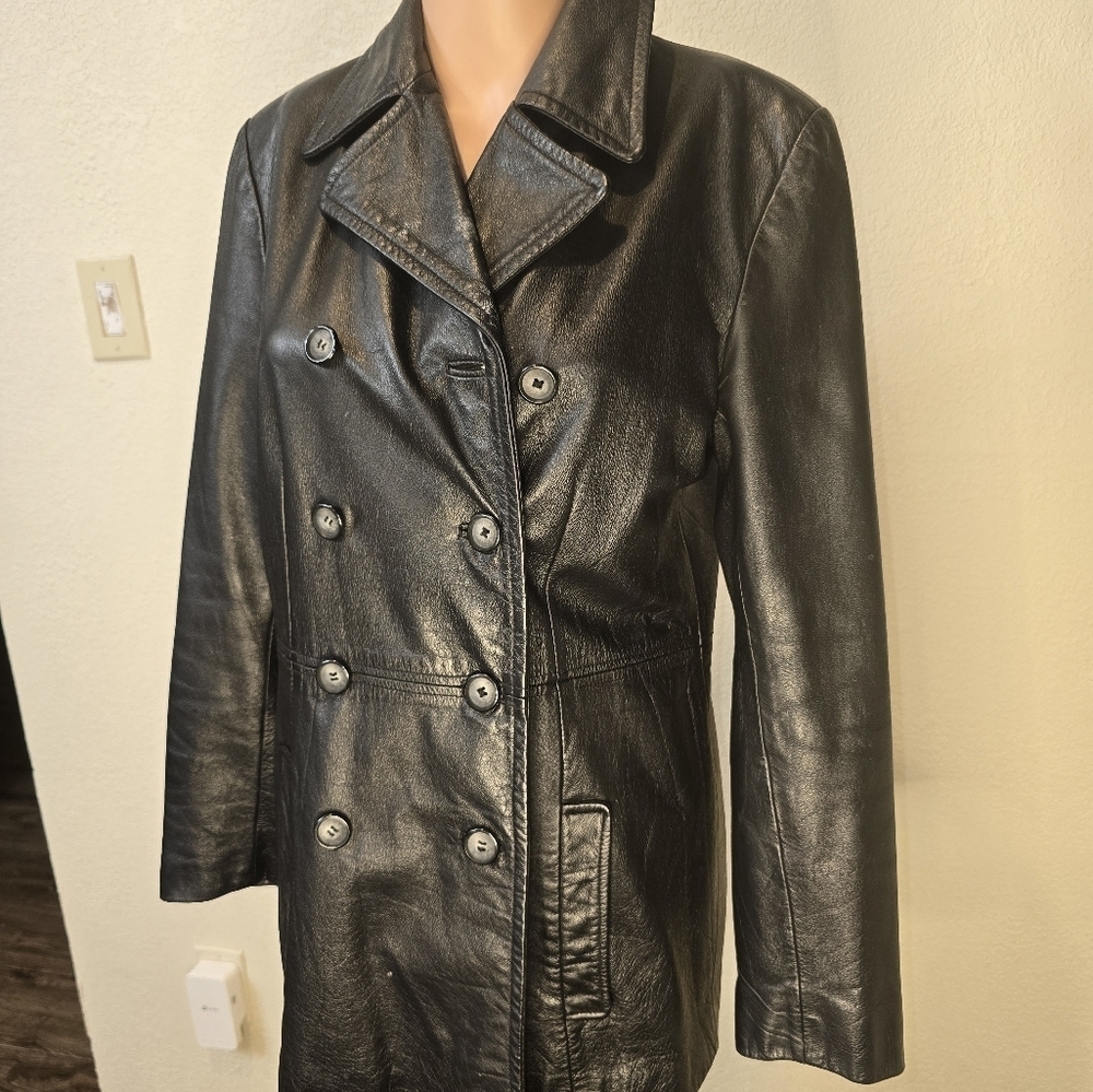 Colebrook Jacket Black Leather Double Breasted Collared Pockets Lined Size S - Picture 2 of 13